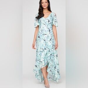 Alex Evenings Floral Jacquard Dress with Flounce Hi-Low Hem V-Neck NWOT